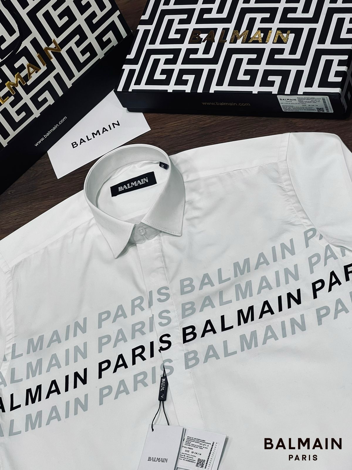 BALMAIN || Typographic Print Shirt With Curved Hemline