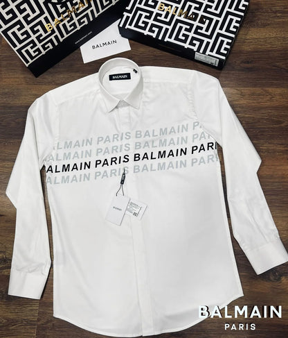 BALMAIN || Typographic Print Shirt With Curved Hemline - FASHION MYST 