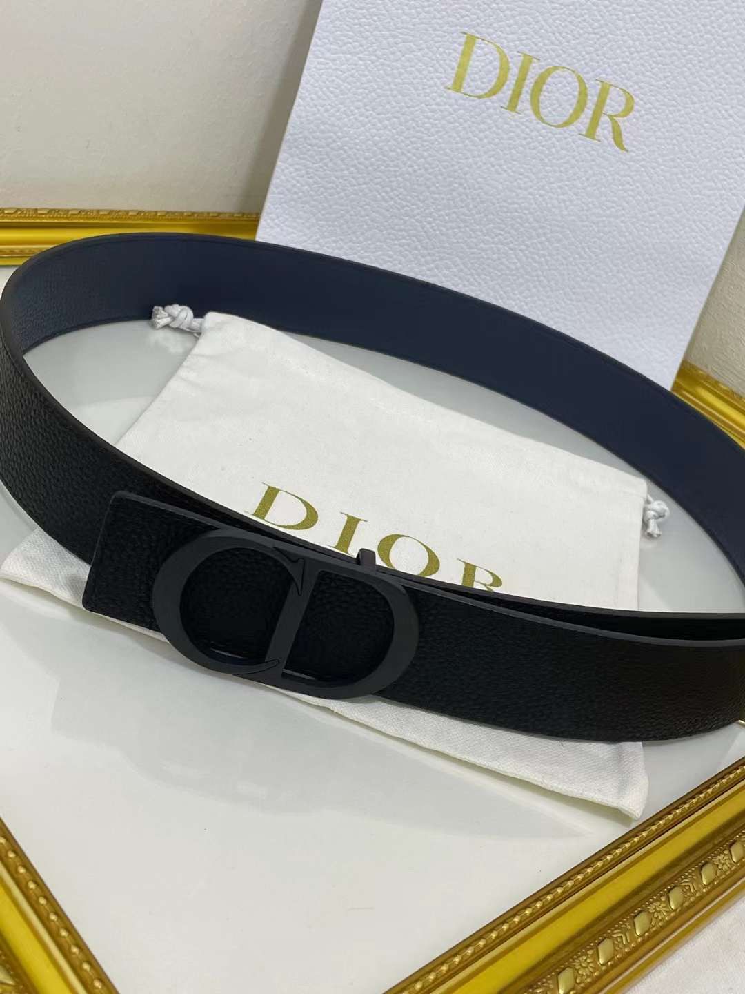 Christian Dior Men Reversible Grained Calfskin Leather Belt Ghw (Black/Navy Blue) - FASHION MYST 