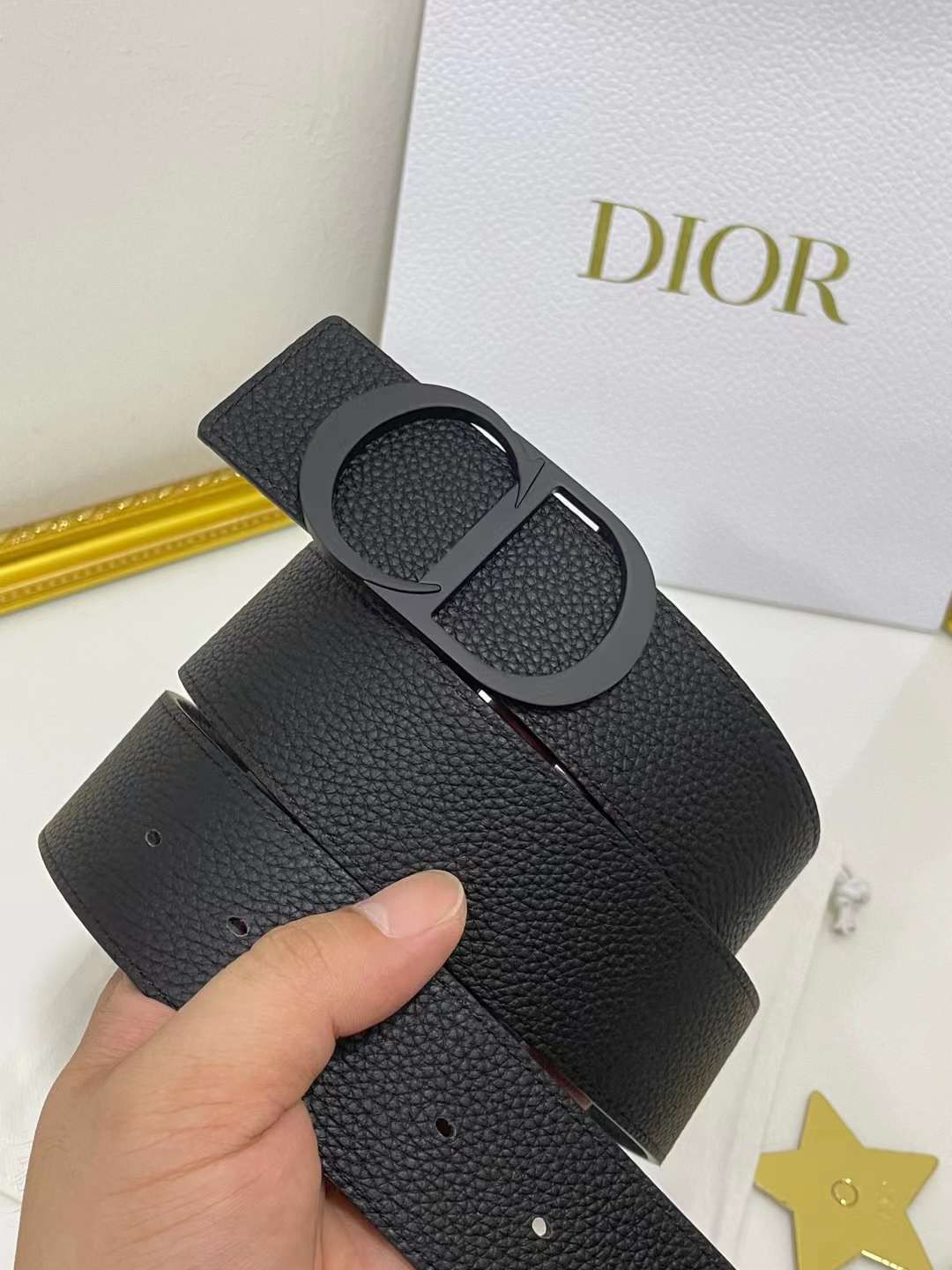 Christian Dior Men Reversible Grained Calfskin Leather Belt Ghw (Black/Navy Blue) - FASHION MYST 