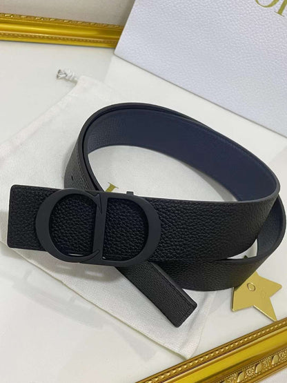 Christian Dior Men Reversible Grained Calfskin Leather Belt Ghw (Black/Navy Blue) - FASHION MYST 