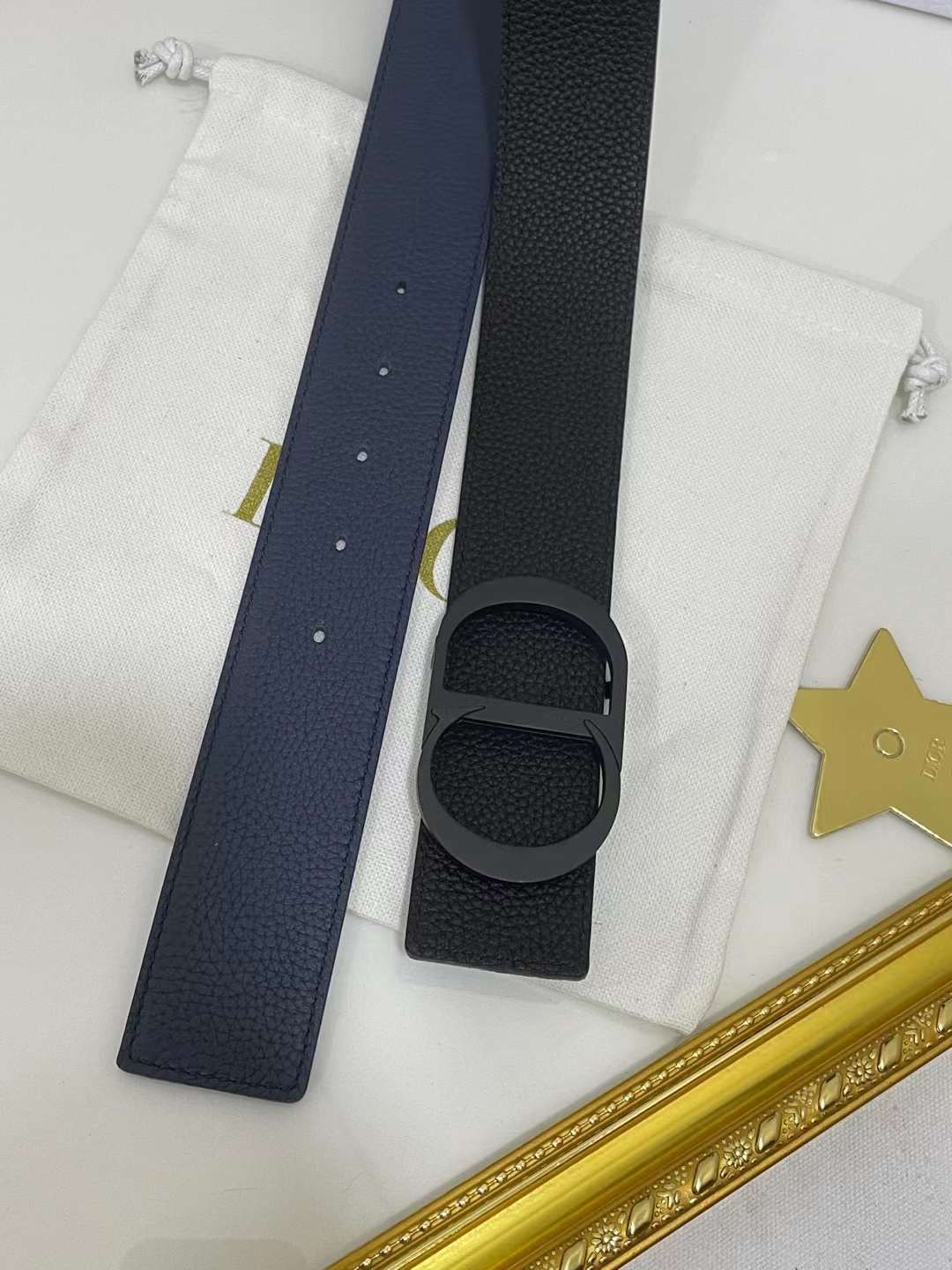 Christian Dior Men Reversible Grained Calfskin Leather Belt Ghw (Black/Navy Blue) - FASHION MYST 