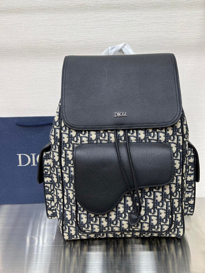 CHRISTIAN DIOR || Saddle Backpack Beige / Black Dior Oblique Jacquard and Grained Calfskin - FASHION MYST 