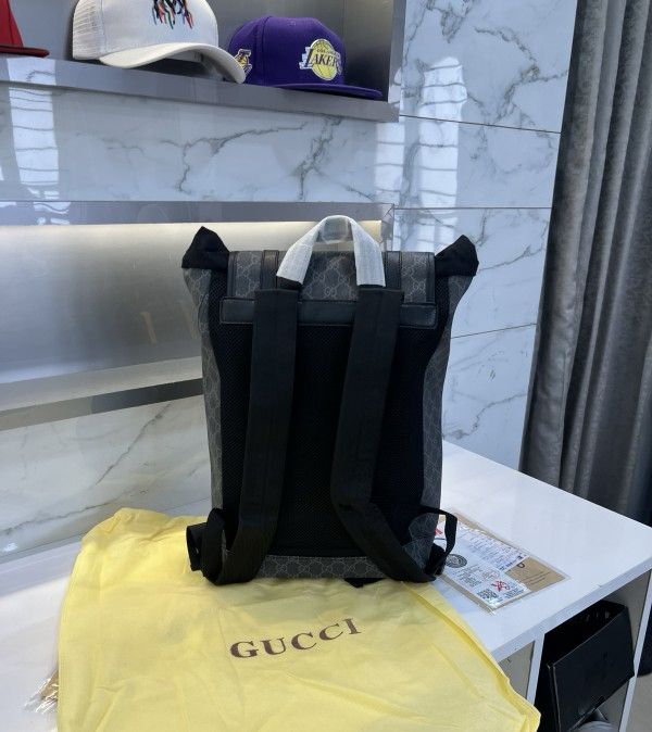 Gucci Soft Backpack GG Supreme Web Straps Brown Yellow / Black Yellow - FASHION MYST 