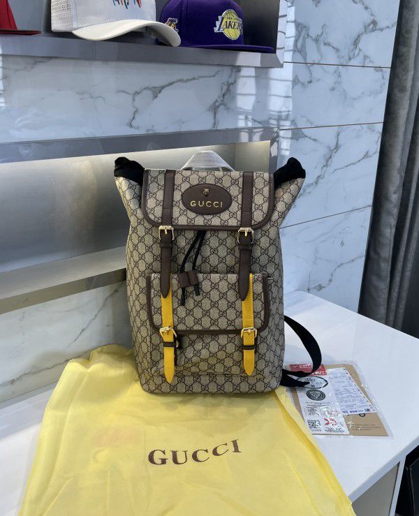 Gucci Soft Backpack GG Supreme Web Straps Brown Yellow / Black Yellow - FASHION MYST 