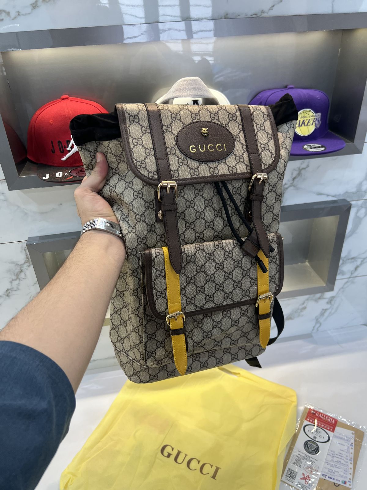 Gucci Soft Backpack GG Supreme Web Straps Brown Yellow / Black Yellow - FASHION MYST 