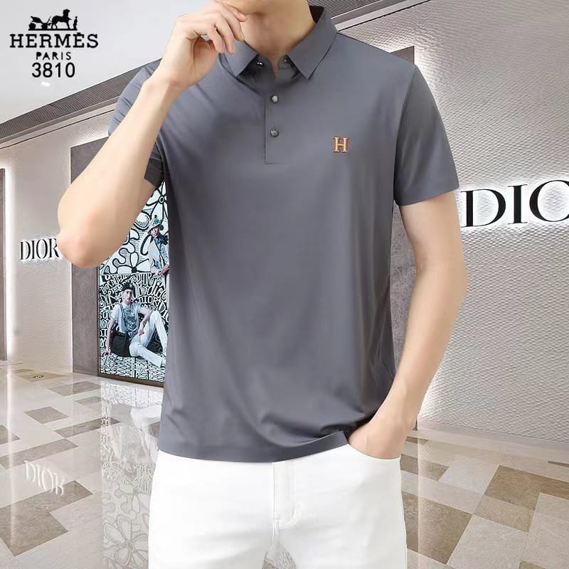 HERMES Mint Knit Polo Shirt Linen Gray L RARE Hermes Linen Knit