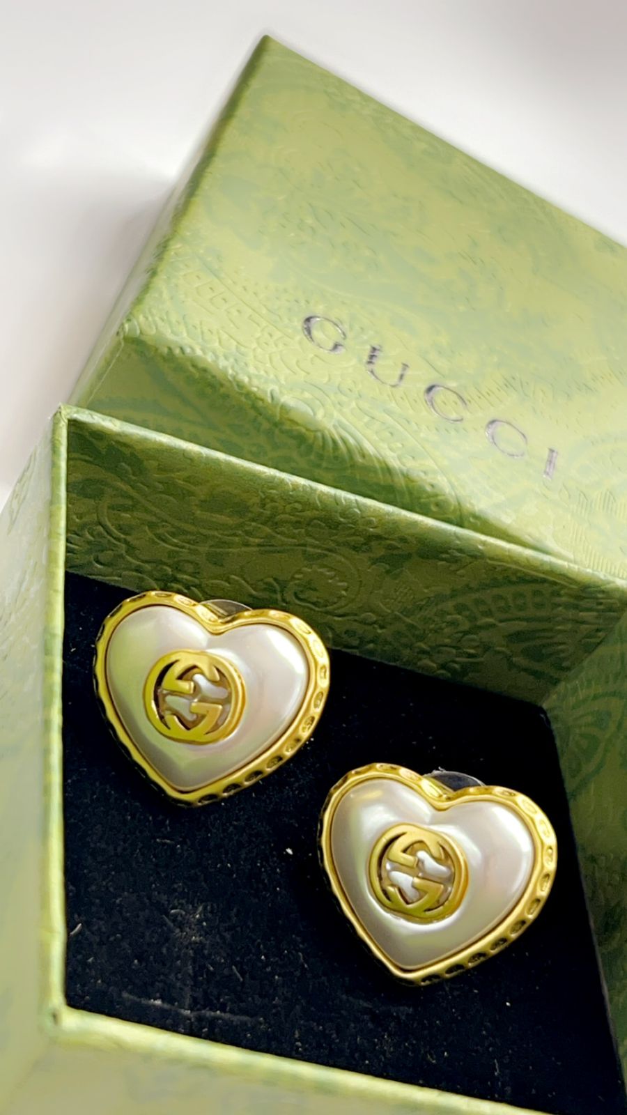 Gucci Gold White & Black Pearl Color Heart Stud Earrings - FASHION MYST 