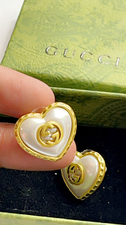 Gucci Gold White & Black Pearl Color Heart Stud Earrings - FASHION MYST 