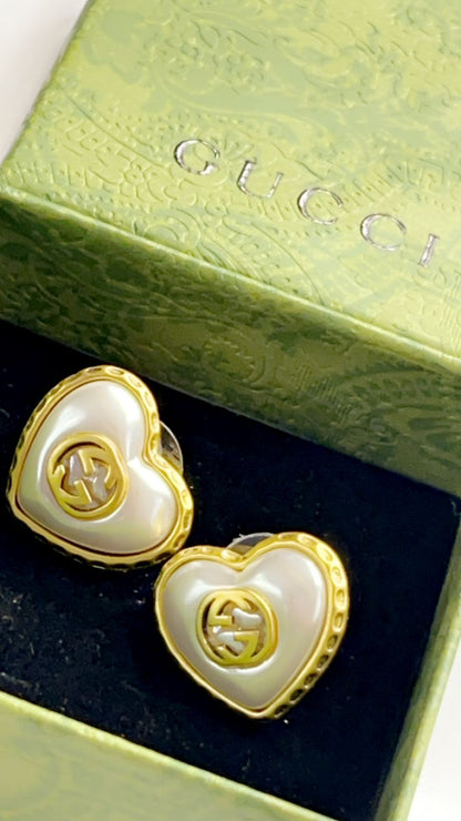 Gucci Gold White & Black Pearl Color Heart Stud Earrings - FASHION MYST 