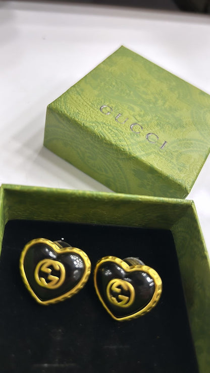 Gucci Gold White & Black Pearl Color Heart Stud Earrings - FASHION MYST 