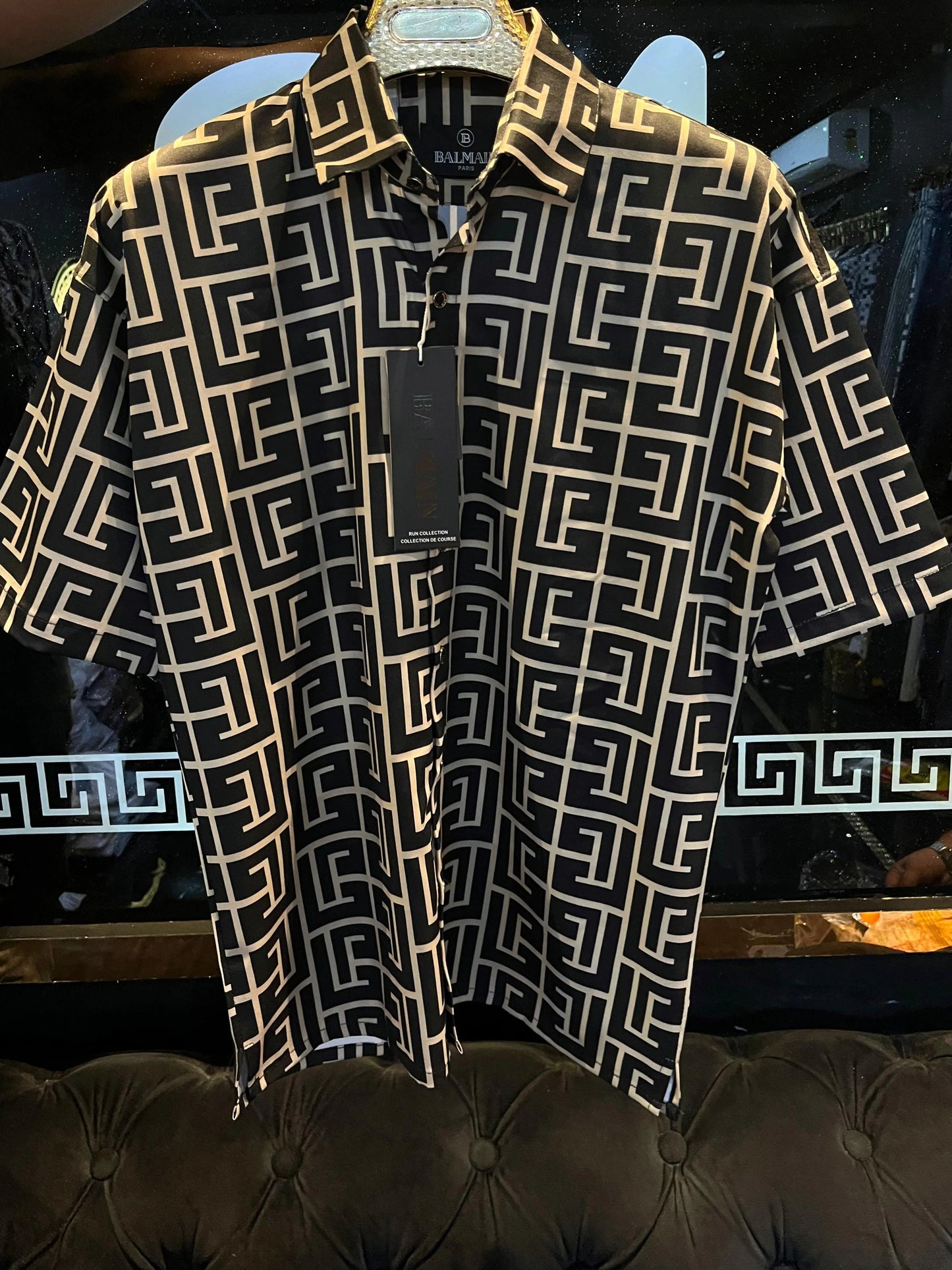 BALMAIN || Black Pyramid Monogram Printed Shirt - FASHION MYST 