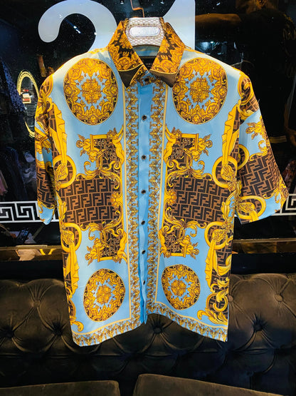 FENDI || Fendace Wild Baroque Silk Shirt Gold/Blue - FASHION MYST 