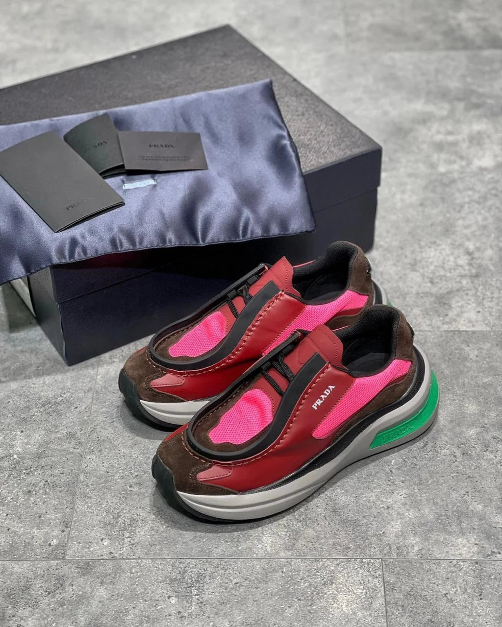 PRADA || Brushed Leather Trainers With Bike Fabric And Suede Elements In Multicolour - FASHION MYST 