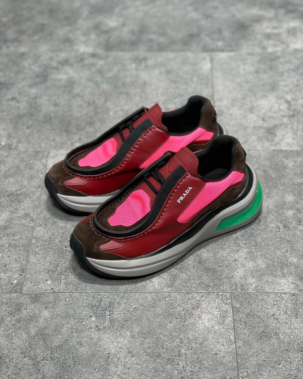 PRADA || Brushed Leather Trainers With Bike Fabric And Suede Elements In Multicolour - FASHION MYST 