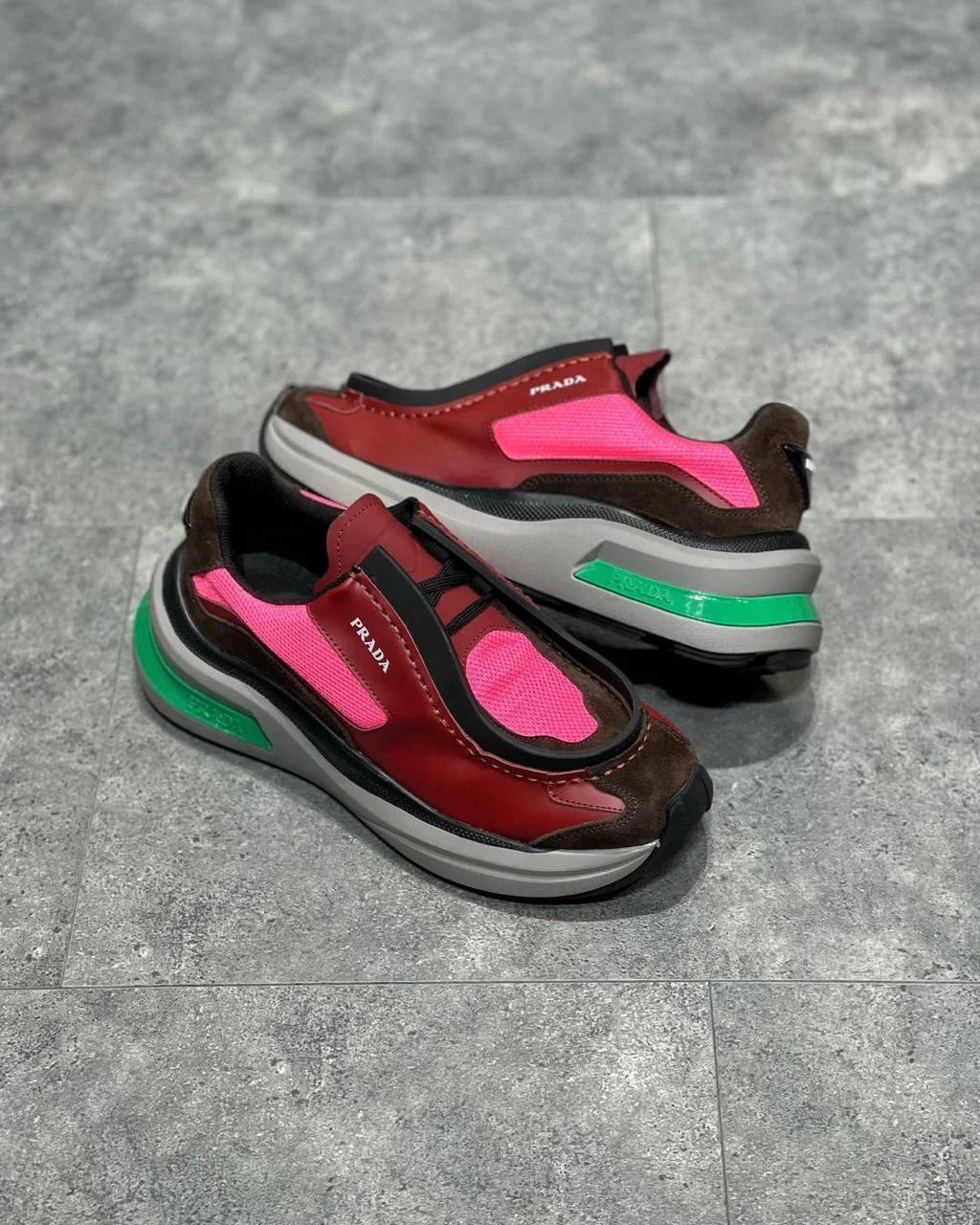 PRADA || Brushed Leather Trainers With Bike Fabric And Suede Elements In Multicolour - FASHION MYST 