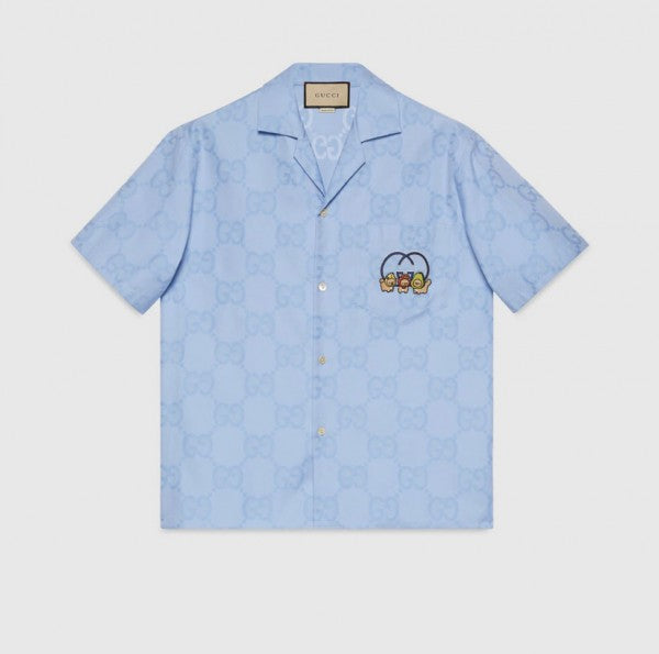 GUCCI || JUMBO GG COTTON JACQUARD BOWLING SHIRT IN BLUE FOR MEN - FASHION MYST 