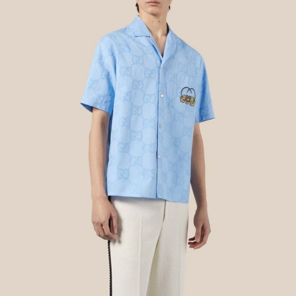 GUCCI || JUMBO GG COTTON JACQUARD BOWLING SHIRT IN BLUE FOR MEN - FASHION MYST 