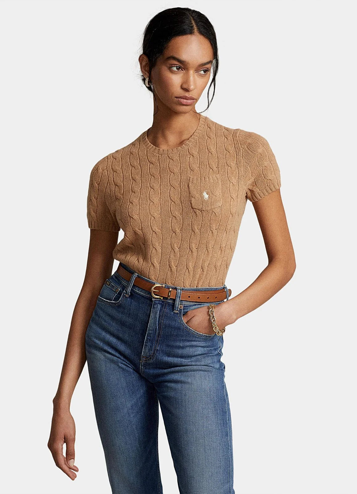 RALPH LAUREN || Cabel Wool Cashmere Short Sleeve Jumper For Women / BEIGE - FASHION MYST 