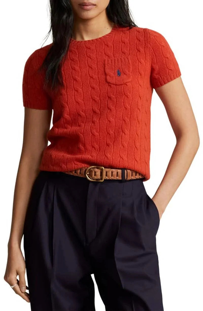 RALPH LAUREN || Cabel Wool Cashmere Short Sleeve Jumper For Women / Orange - FASHION MYST 