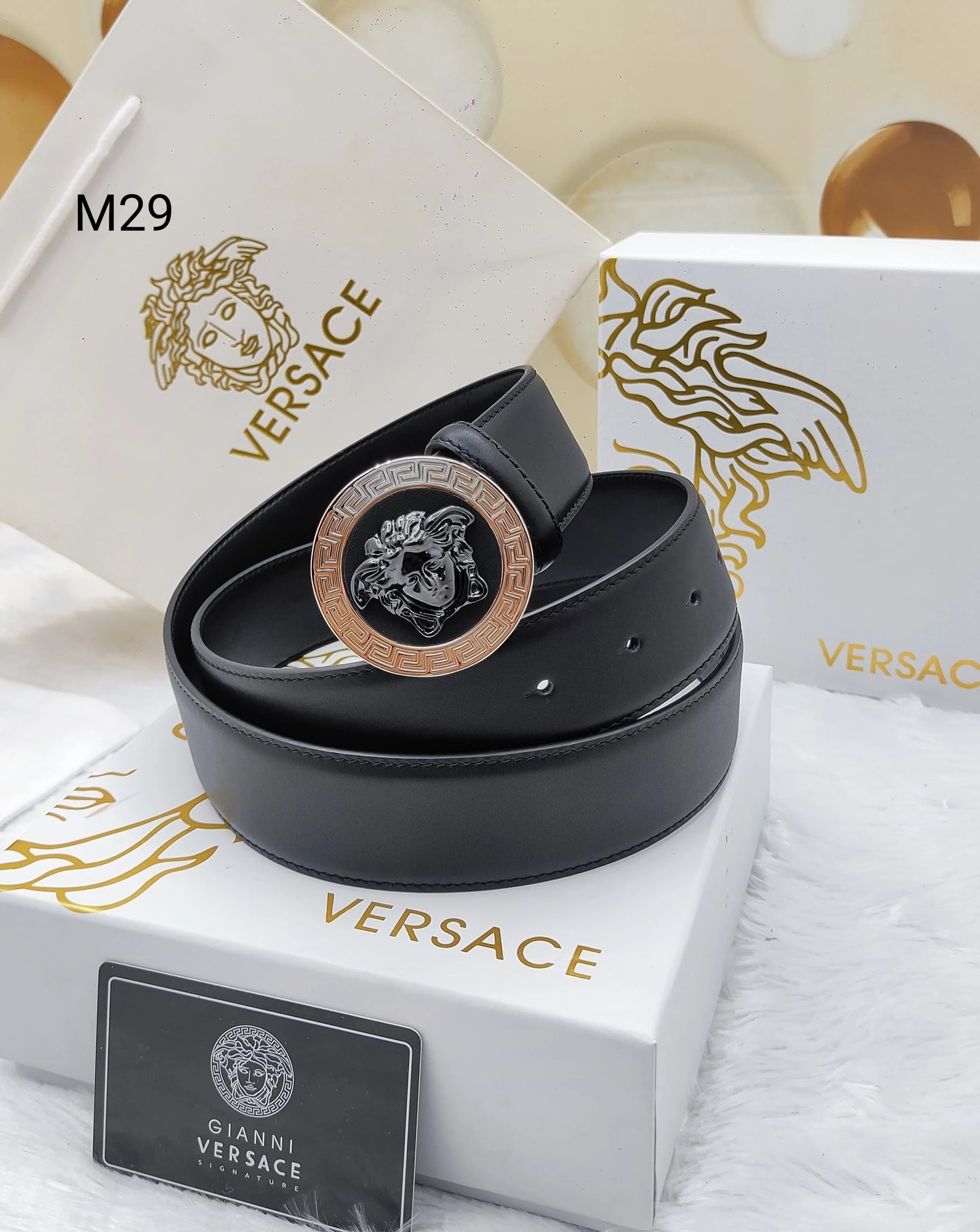 VERSACE || Black Embossed Leather Belt With Silver Tone La Medusa