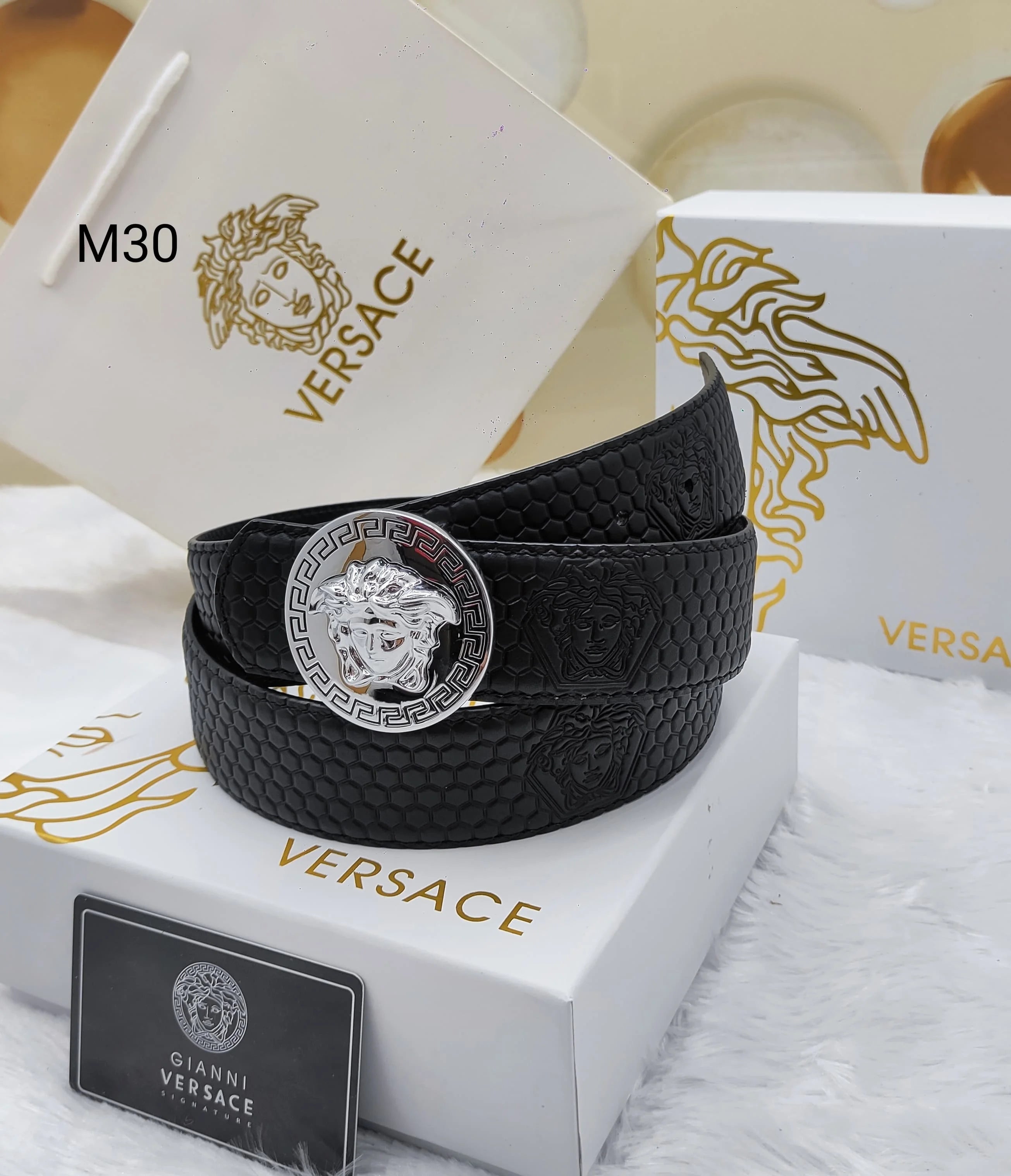 VERSACE || Black Embossed Leather Belt With Silver Tone La Medusa