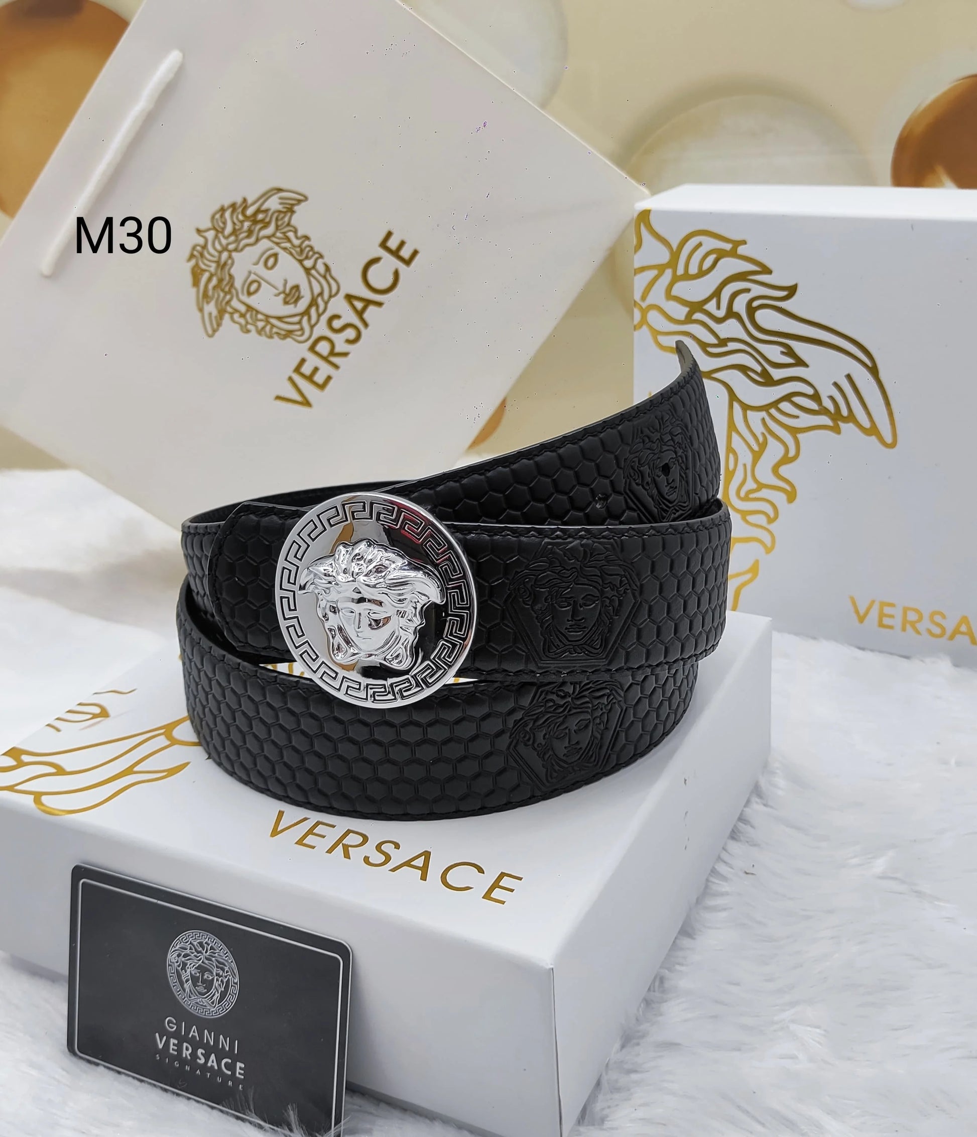 VERSACE || Black Embossed Leather Belt With Silver Tone La Medusa Buckle - FASHION MYST 