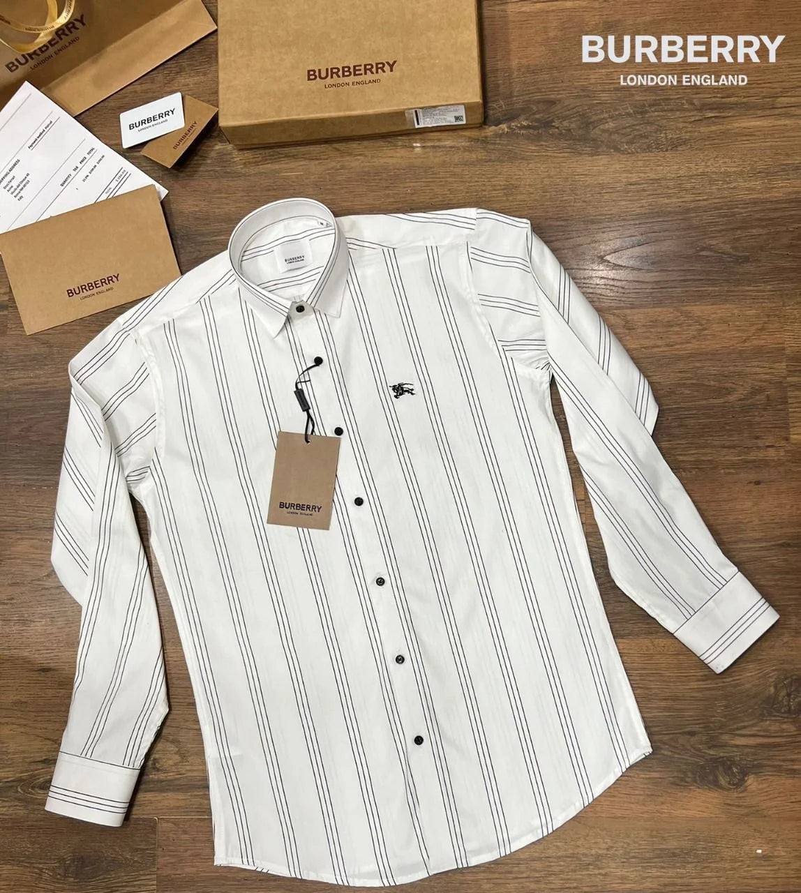 BURBERRY || WHITE/BLACK STRIPE SLIM FIT CASUAL SHIRT - FASHION MYST 