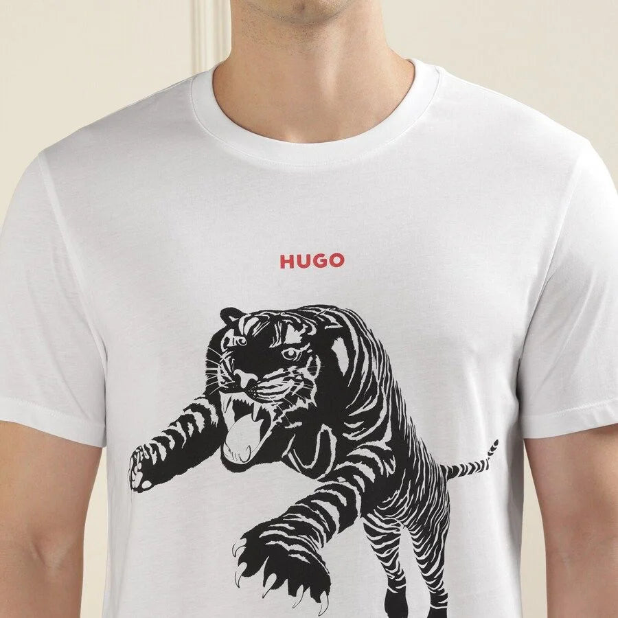 HUGO BOSS || Men White Tiger Pounce Print T-Shirt - FASHION MYST 