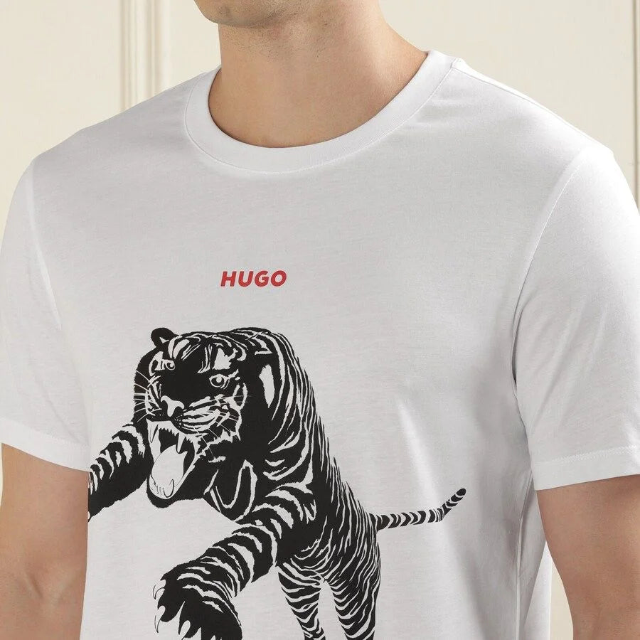 HUGO BOSS || Men White Tiger Pounce Print T-Shirt - FASHION MYST 