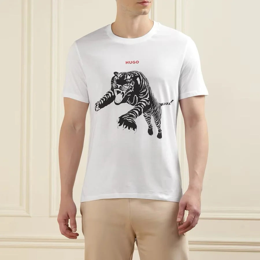 HUGO BOSS || Men White Tiger Pounce Print T-Shirt - FASHION MYST 