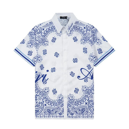 AMIRI || Bandana Cotton Piqué Short Sleeve Button-Up Polo In White - FASHION MYST 