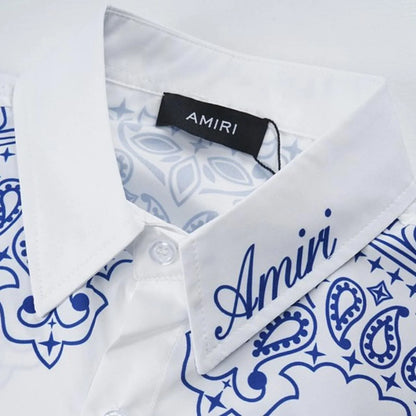 AMIRI || Bandana Cotton Piqué Short Sleeve Button-Up Polo In White - FASHION MYST 