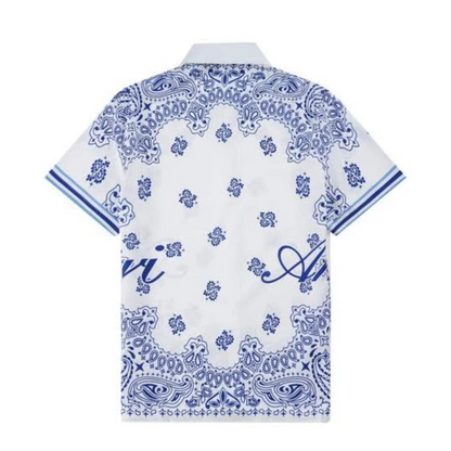 AMIRI || Bandana Cotton Piqué Short Sleeve Button-Up Polo In White - FASHION MYST 