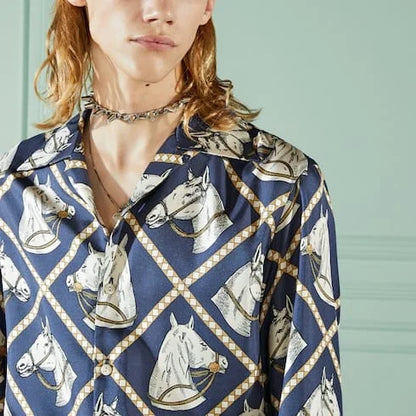 GUCCI || Horse Serie Shirt In Blue And Brown - FASHION MYST 