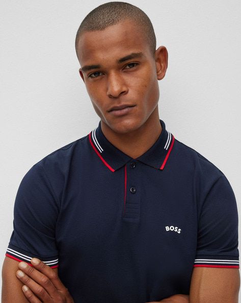 HUGO BOSS || Curved Logo Slim Fit Stretchable Cotton Polo T-Shirt - FASHION MYST 