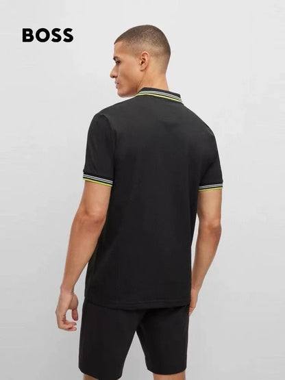 HUGO BOSS || Men's Black Paddy Collar Stripe Polo - FASHION MYST 