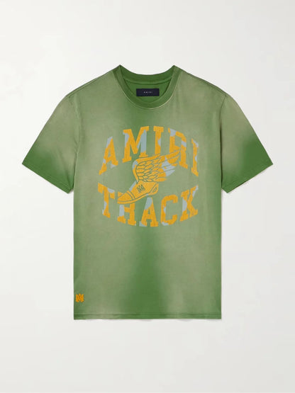 AMIRI || Track Logo-Flocked Cotton-Jersey T-Shirt / Green - FASHION MYST 