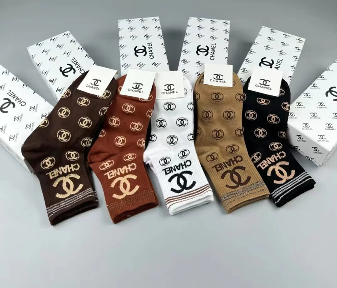 CHANEL || Mini Greek Interlocking CC Logo Socks (Pack Of Five