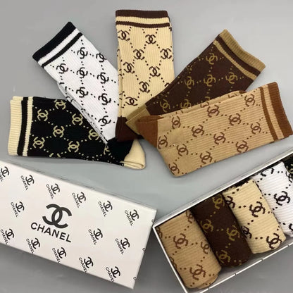 CHANEL || CC Pattern Logo Cotton Blend Socks (Five Pair Combo Box) - FASHION MYST 