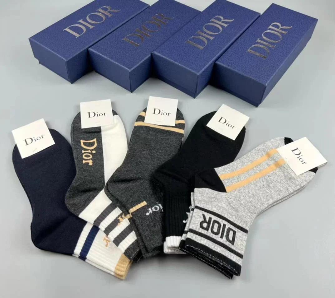 CHRISTIAN DIOR || Classic Cotton Bold Logol Printed Socks Five Pair Set - FASHION MYST 