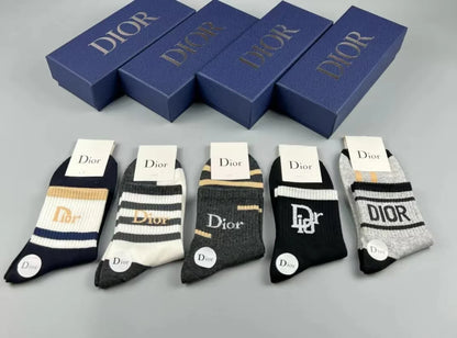 CHRISTIAN DIOR || Classic Cotton Bold Logol Printed Socks Five Pair Set - FASHION MYST 