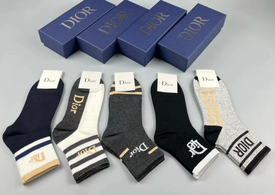 CHRISTIAN DIOR || Classic Cotton Bold Logol Printed Socks Five Pair Set - FASHION MYST 