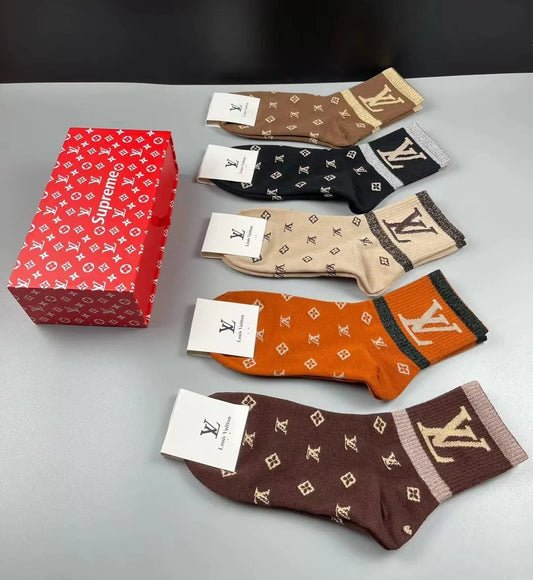 LOUIS VUITTON || LV Supreme Monogram Print Multicolour Five Pair Combo Socks - FASHION MYST 