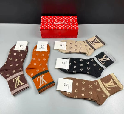 LOUIS VUITTON || LV Supreme Monogram Print Multicolour Five Pair Combo Socks - FASHION MYST 