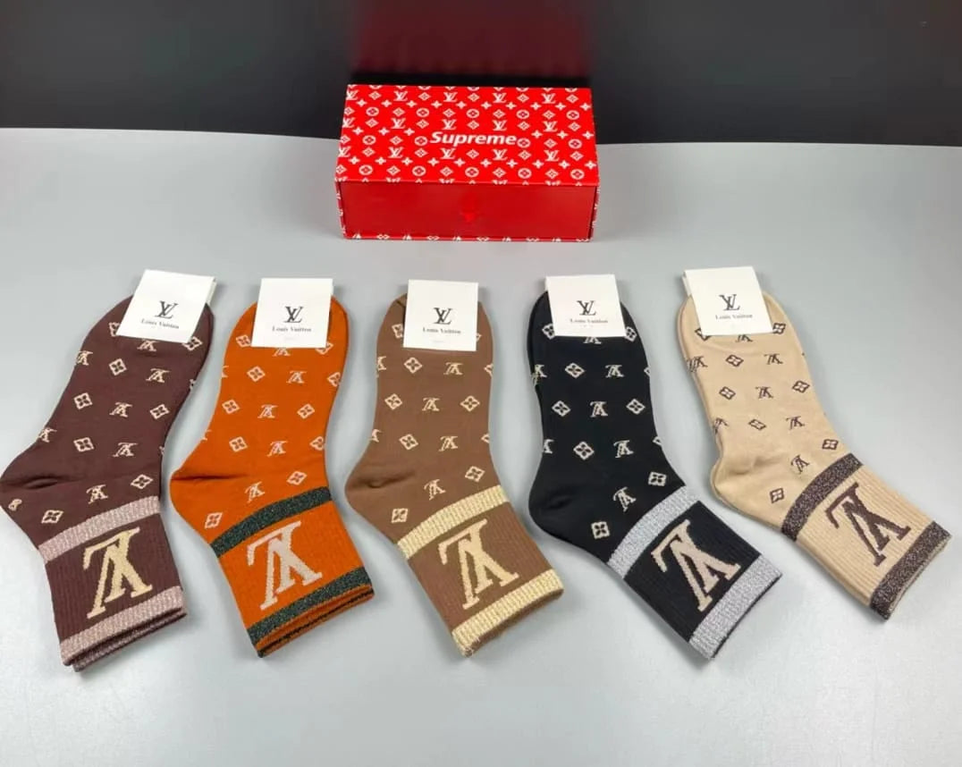 LOUIS VUITTON || LV Supreme Monogram Print Multicolour Five Pair Combo Socks - FASHION MYST 