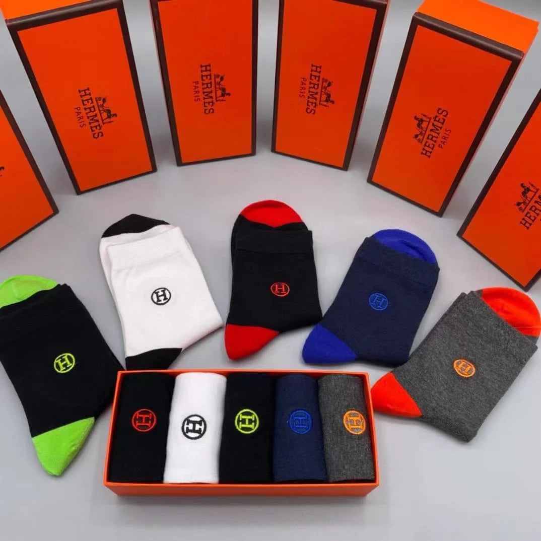 HERMES || H Logo Dual Color Ankle Length Socks Pack Of Five - FASHION MYST 