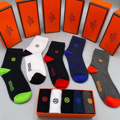 HERMES || H Logo Dual Color Ankle Length Socks Pack Of Five - FASHION MYST 