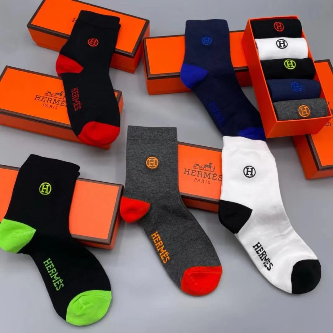 HERMES || H Logo Dual Color Ankle Length Socks Pack Of Five - FASHION MYST 