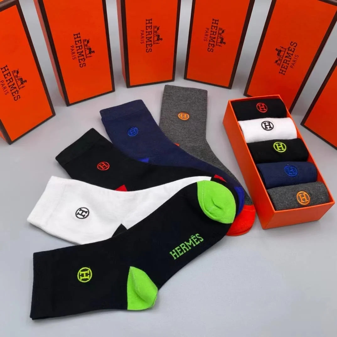 HERMES || H Logo Dual Color Ankle Length Socks Pack Of Five - FASHION MYST 